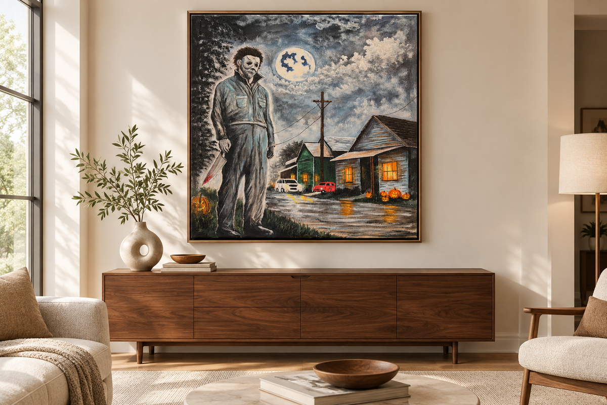 Just Outside artwork displayed above a walnut console in a bright, calm living room